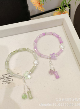 原创设计柒染水墨竹节纳福蝴蝶手链女孩玻璃手链学生中式仿玉手链