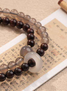 扶摇五台同款双圈手串国风小众小叶紫檀搭配灰玛瑙圆珠手链新中式