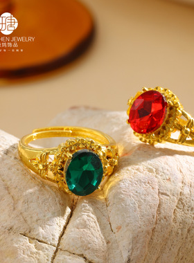 合金镀金戒指金镶水钻镀金祖母绿戒指女款民族风创意时尚戒指饰