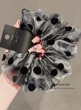 灰色波点双层薄纱波点大肠发圈女大花边新款扎发头绳皮筋发绳