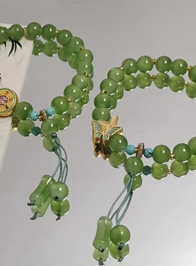 女生绿色琉璃水晶手链新中式绿竹纳福手链学生玻璃珠手链简约手串