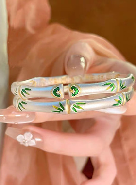 铜镀银手镯新中式描金实心珐琅彩吉言节节高手工开口手镯百搭手镯