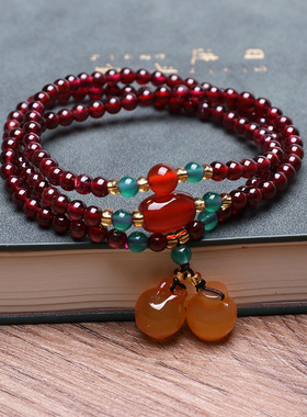 复古简约天然三圈石榴石手链女玉髓苹果葫芦吊坠手串中式古风手链