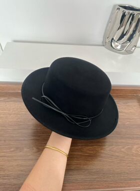 法式复古老钱风羊毛平顶礼帽女秋冬优雅蝴蝶结毛呢爵士帽百搭洋气