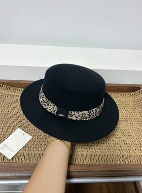 法式复古豹纹平顶礼帽女秋冬羊毛呢爵士帽显脸小百搭时尚新款帽子