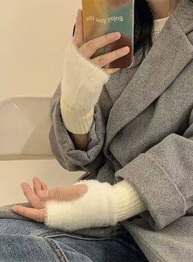 韩系加绒加绒毛绒半截半指手套