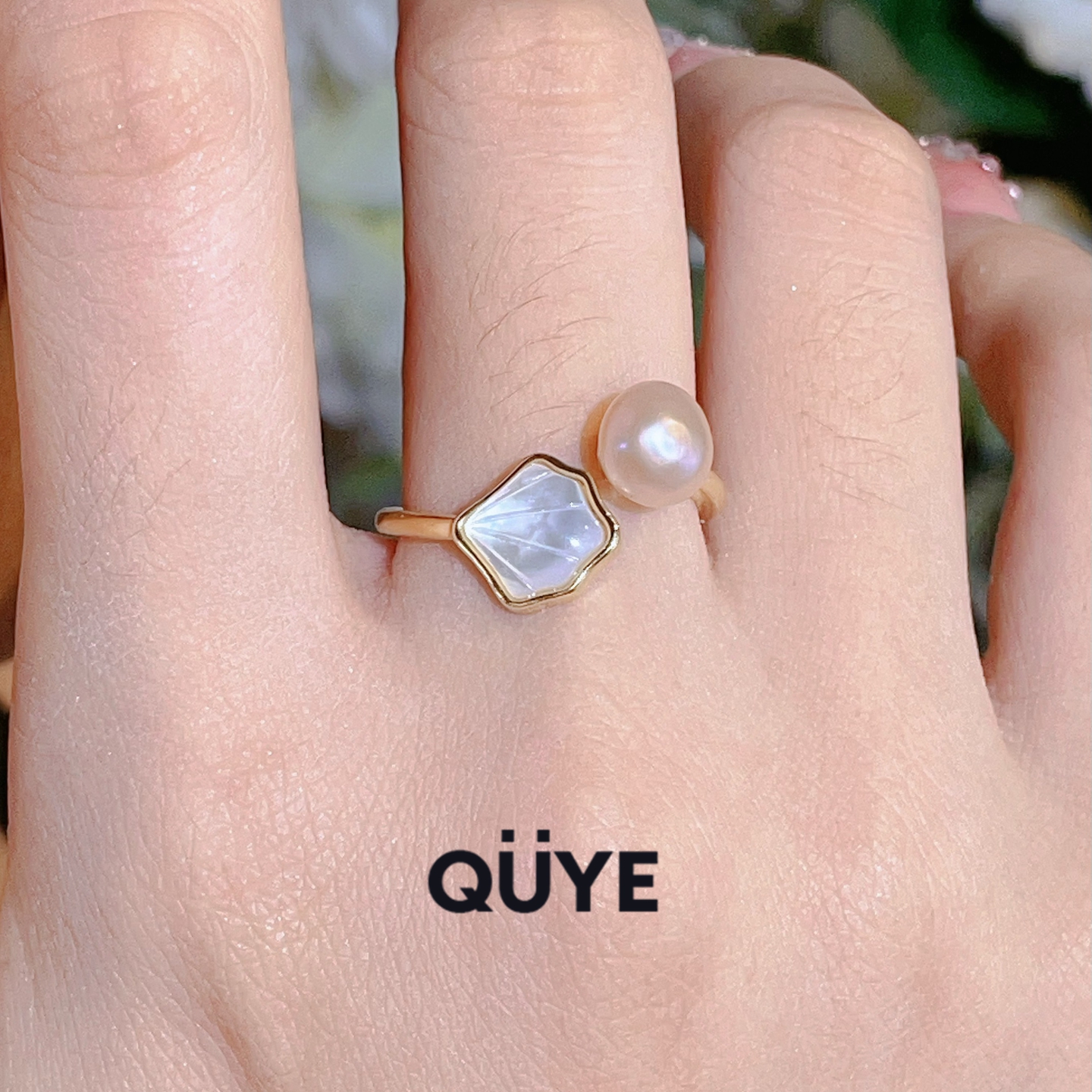 温柔风~绝美猫眼感小众设计贝壳蝴蝶近圆形天然淡水真珍珠戒指环 - 图1