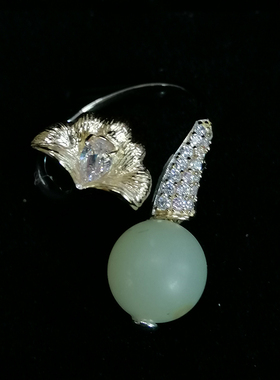 和田玉且末料黄玉黄口料8MM圆珠戒指非籽料玉兰花戒指