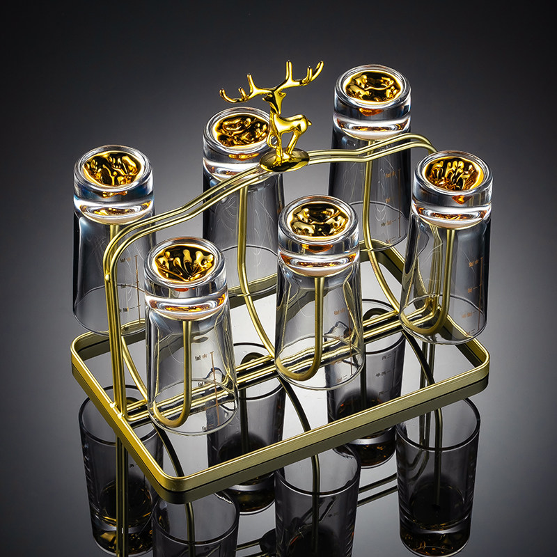 金山二两白酒杯套装家用玻璃2两中式100ml金箔白酒酒具带刻度杯架,淘宝优惠券,粉丝福利购,淘宝优惠卷