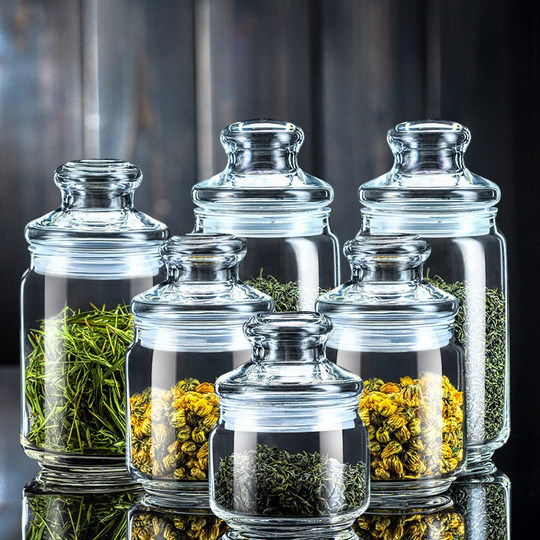 Glass household transparent storage jar with lid