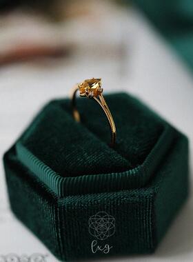 《小黄莺》2021夏法式复古菱形天然黄水晶925银镀金戒指小巧气质