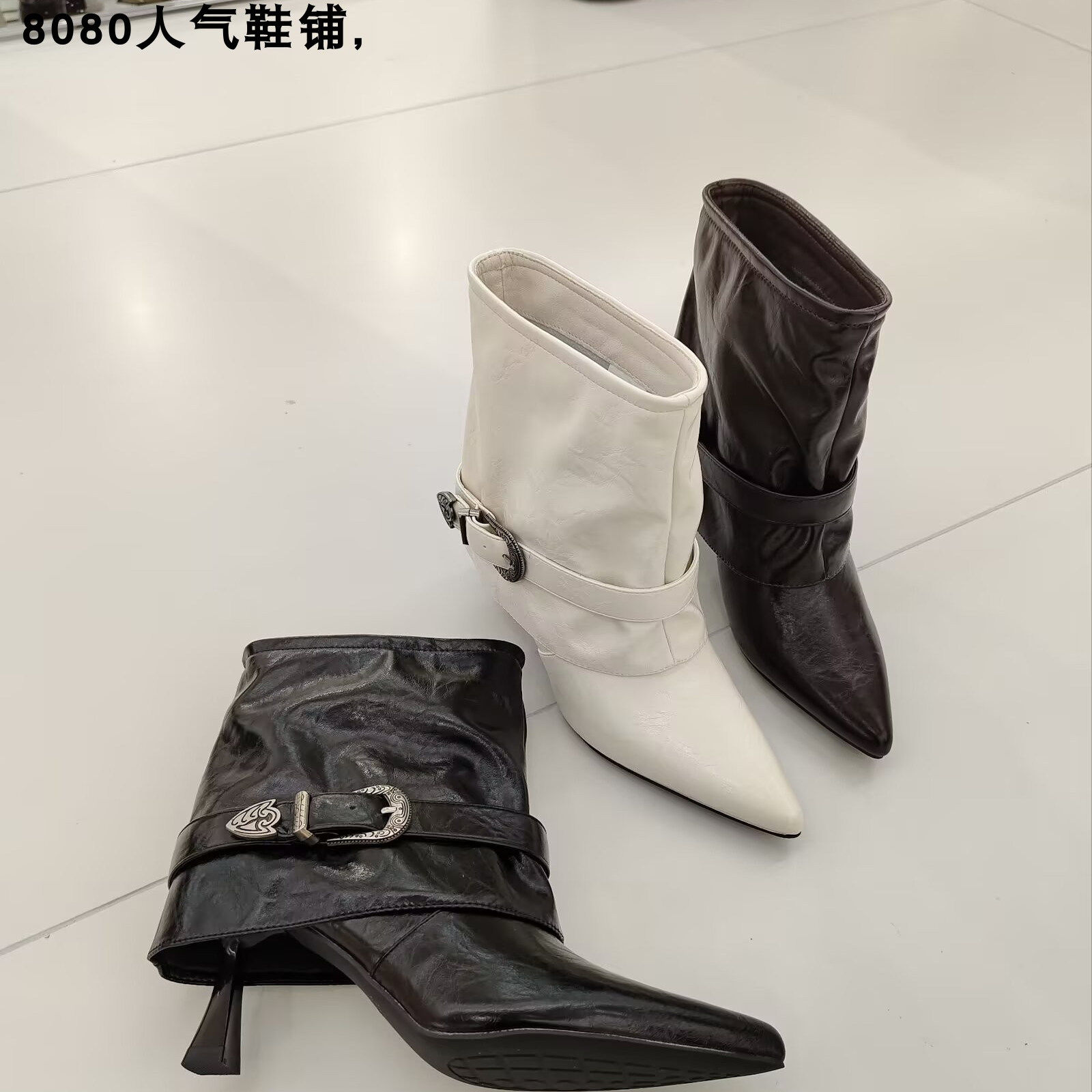 2025年新款欧美风尖头气质百搭粗跟7.5公分高跟鞋女时尚短靴,淘宝优惠券,粉丝福利购,淘宝优惠卷