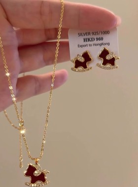 马上有钱！复古红色闪钻小马项链耳环本命年马年气质锁骨链耳钉
