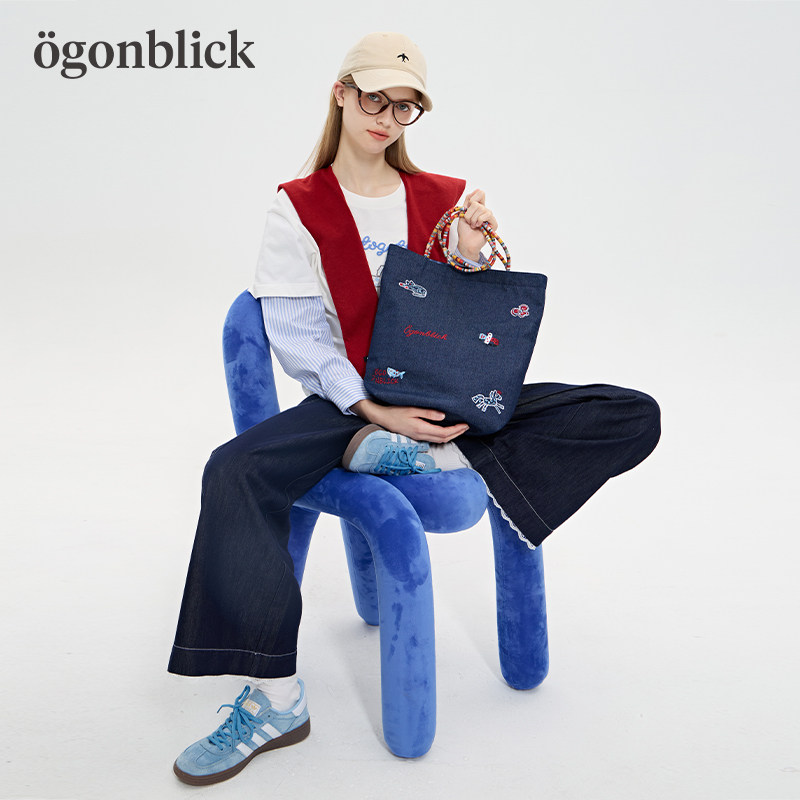 北欧时刻逗鸭联名刺绣格子牛仔两面用托特包女彩绳帆布单肩手提包,淘宝优惠券,粉丝福利购,淘宝优惠卷