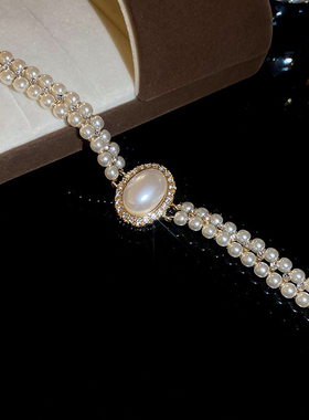 欧美双层叠加法式复古轻奢高级感多层镶钻珍珠手链时尚新娘饰品