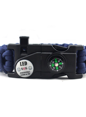 户外旅行攀岩自救生存手链工具包套装LED灯打火石口哨多功能手环