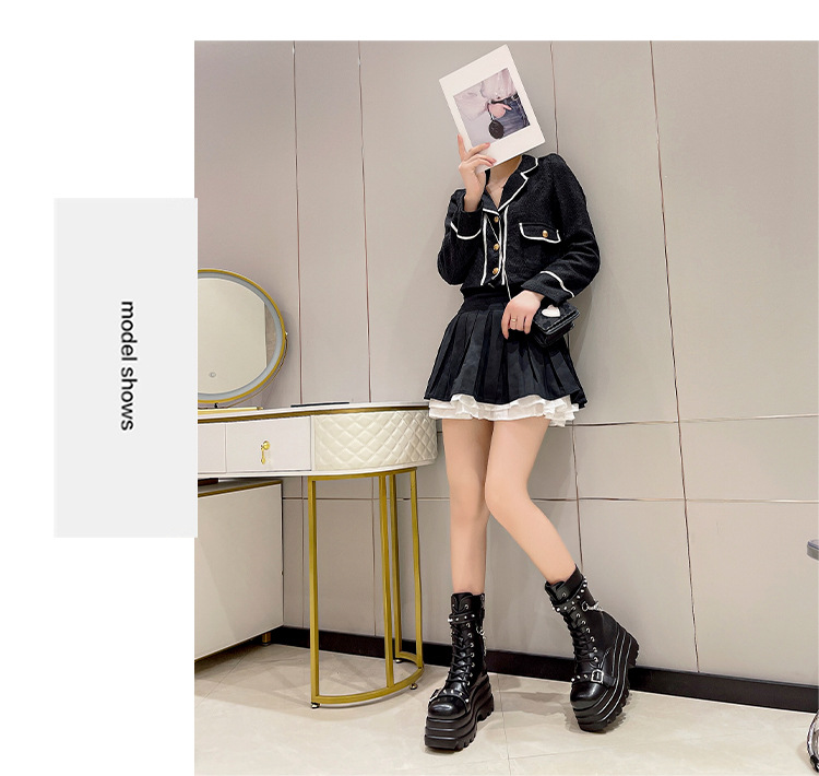 坡跟骑士靴大码朋克风厚底中筒女靴鞋punk women high heel boots - 图3