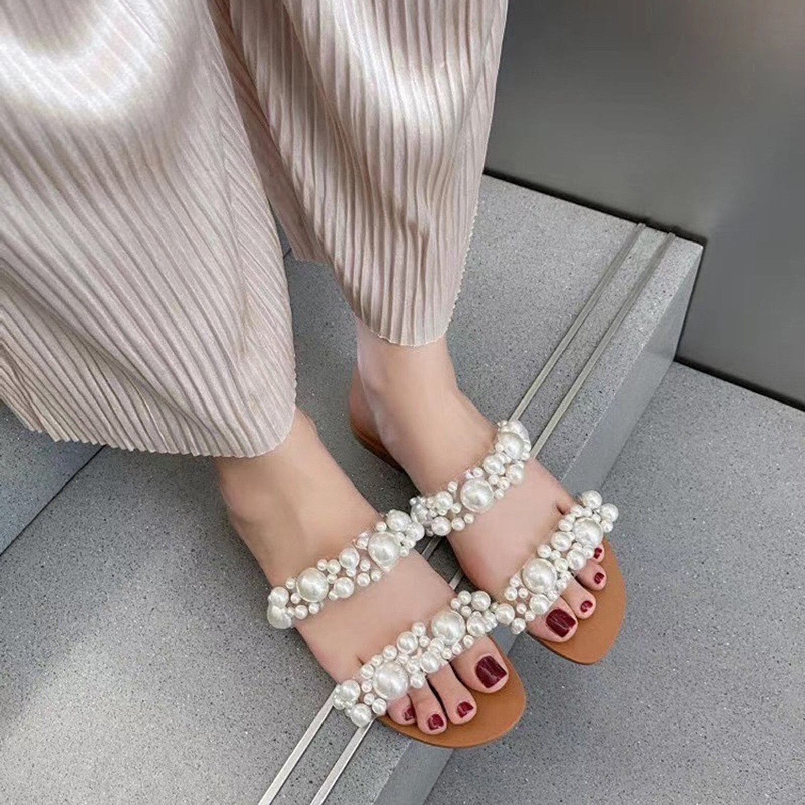 pearl women flat slippers big size 43 ladies sandals凉拖鞋女-图1