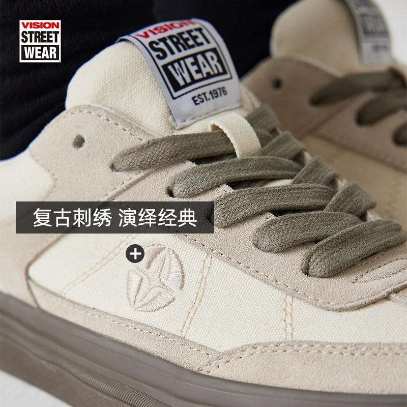 VISION官方 CHOPPER象牙白复古T字头反毛皮男女帆布鞋美式滑板鞋 - 图1