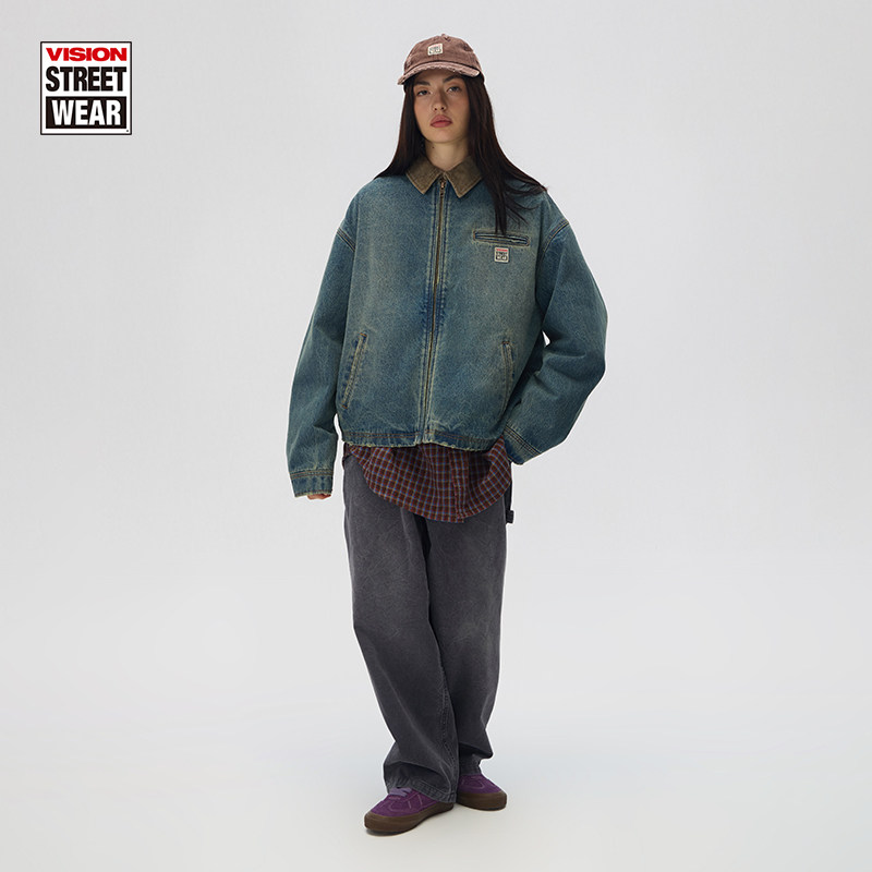 VISION官方 美式复古水洗做旧工装外套底特律牛仔夹克立领秋冬新,淘宝优惠券,粉丝福利购,淘宝优惠卷