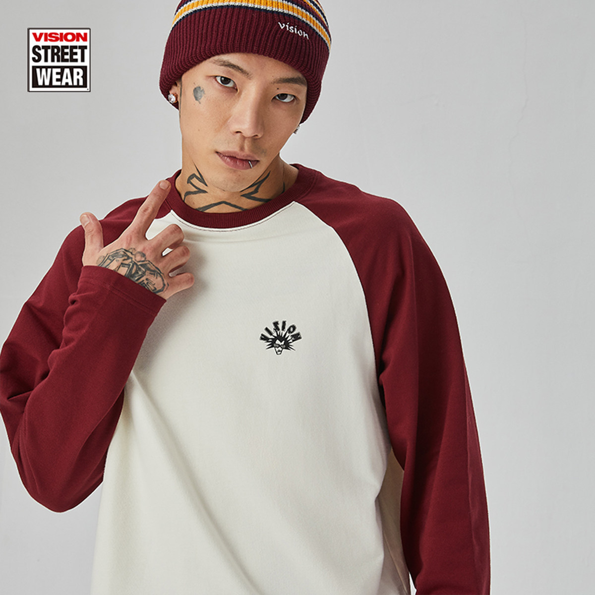 VISION官方  街头风插肩袖长袖T恤男女同款春秋季运动休闲长袖,淘宝优惠券,粉丝福利购,淘宝优惠卷