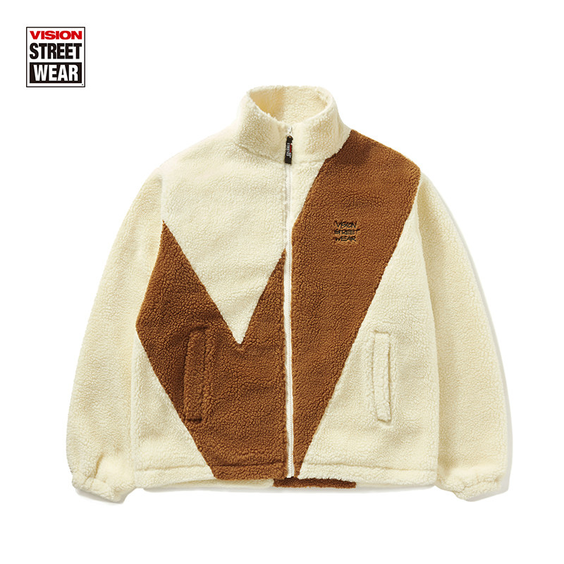 VISION官方  复古街头经典V字撞色拼接仿羊羔绒夹克外套男女,淘宝优惠券,粉丝福利购,淘宝优惠卷