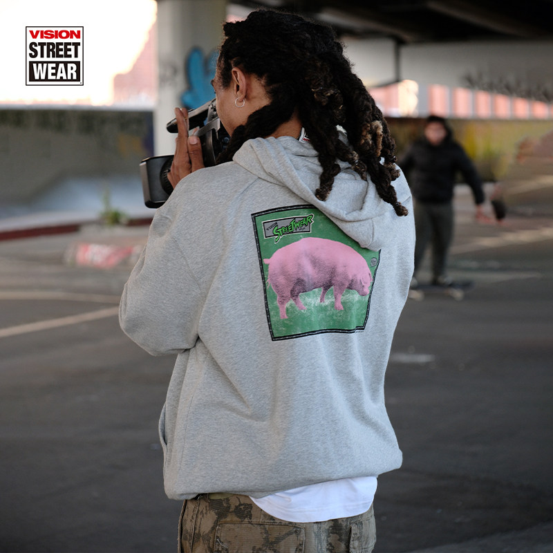 VISION官方 复刻系列“pink pig”美式复古做旧连帽卫衣男女秋款 - 图0