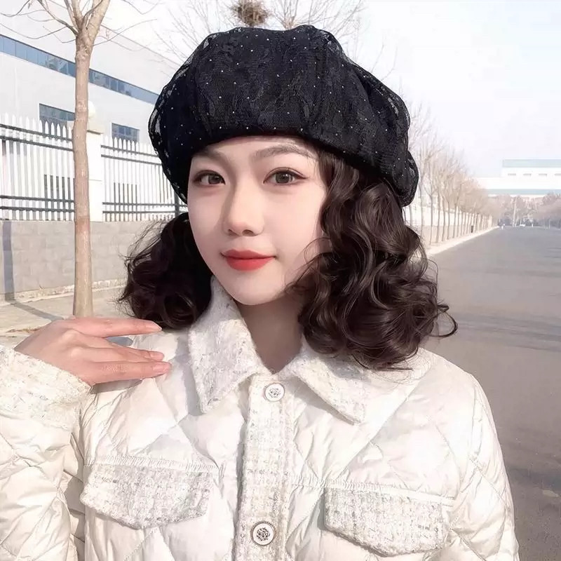 帽子假发女一体满钻蕾丝贝雷帽新款卷发时尚减龄洋气新款百搭头套,淘宝优惠券,粉丝福利购,淘宝优惠卷