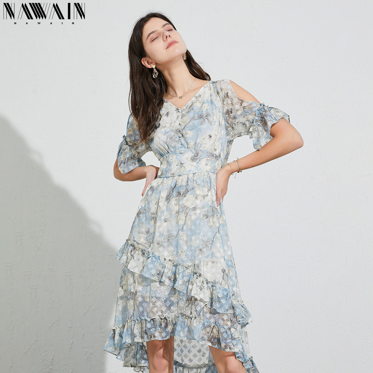 纳纹2020夏季新款法式荷叶边收腰 纳纹服饰连衣裙