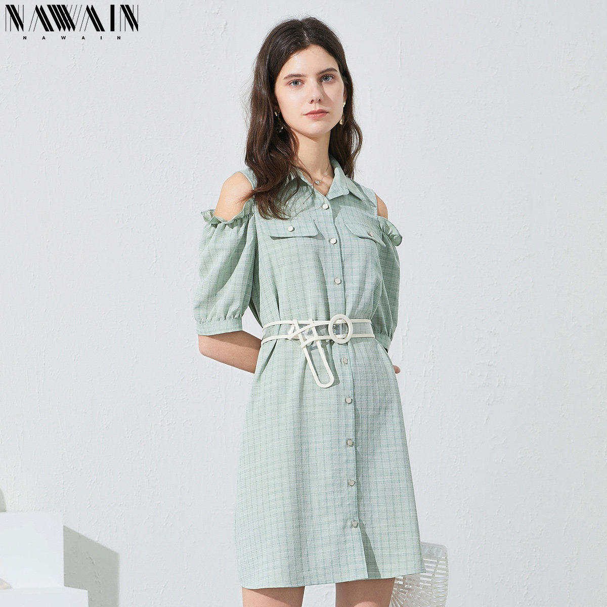 nawain /纳纹绿色格子2020夏连衣裙 纳纹服饰连衣裙