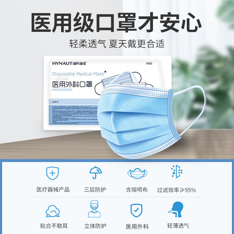 海氏海诺医疗口罩一次性口罩三层医用外科口罩医生专用务医护透气