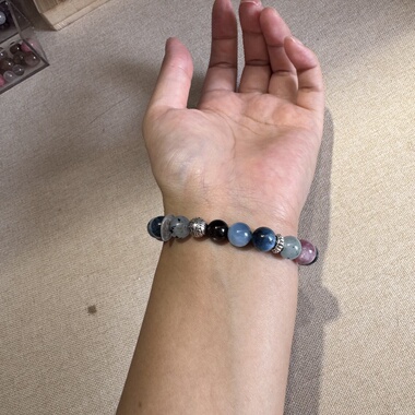 原创毒液海蓝宝粉祖母10mm银耀石灰月光鹰眼石蓝晶石【H61】