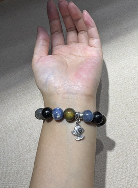 原创金耀猫头+龙鳞蓝晶石+金运石12mm火焰彼得石+灰月光【H156】