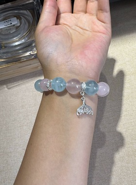 原创粉晶四方桃花狐牌+天空蓝海蓝宝11.6-13.8mm果冻粉粉【H44】