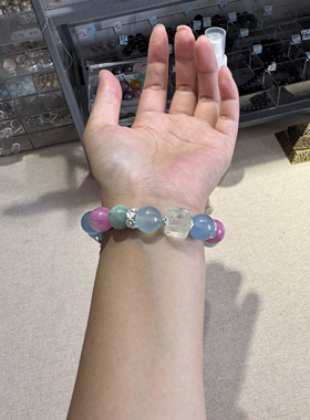 原创白水晶狐牌+海蓝宝+芭比粉锂云母+翠绿祖母晶+柠檬晶【H214】