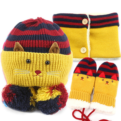韩版冬季加绒保暖男女童毛线帽护耳帽加围脖1-2-4岁宝宝帽婴儿帽