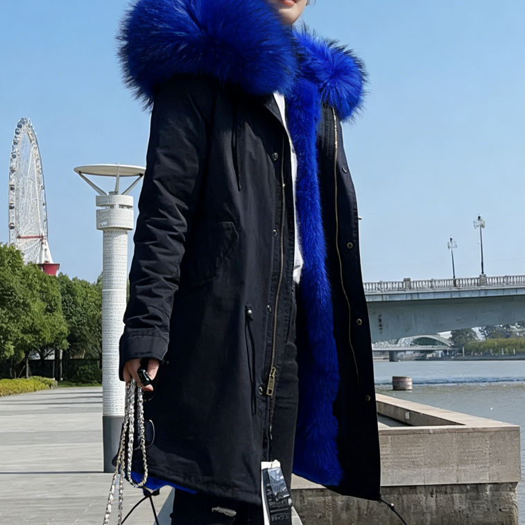 女棉衣派克服中长款加绒加厚保暖冬装外套女大毛内胆毛领可拆卸 - 图0