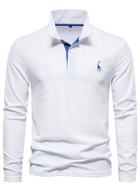 Deer Embroidery Men's Polo Shirts Solid Color Long Sleeves