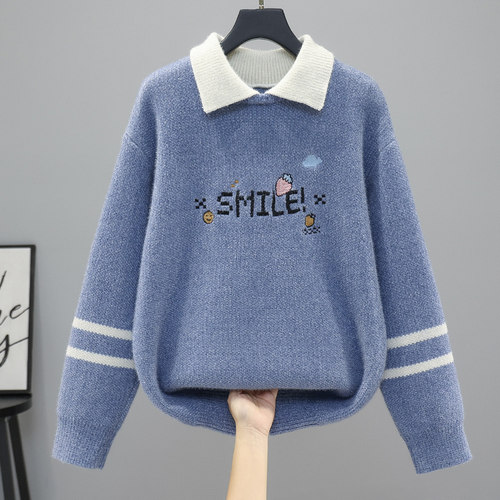秋冬毛衣女款2025新款初中生高中生学生大童加绒加厚假两件打底衫 - 图2