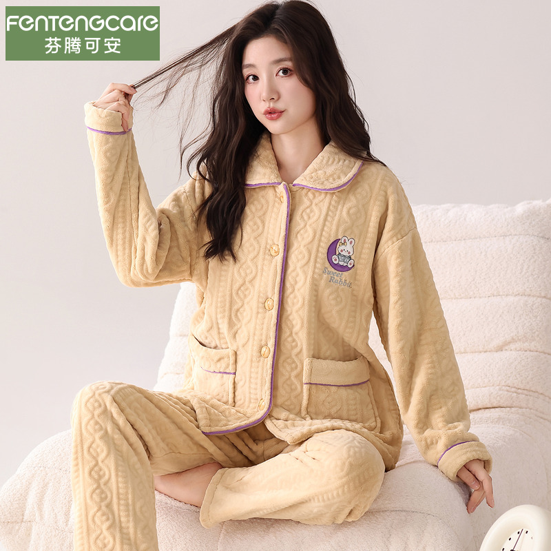 睡衣女秋款2025新款开衫法兰绒大码秋冬季珊瑚绒加绒保暖款家居服 - 图2