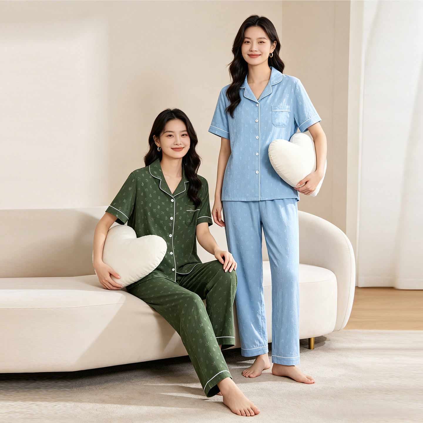 睡衣女士新款夏季云朵棉薄款套轻奢压花时尚宽松家居服休闲套装