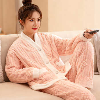 春秋长袖睡衣女双面舒棉绒开衫家居服套装大码青年长裤可外穿新实付19.9元到手包邮