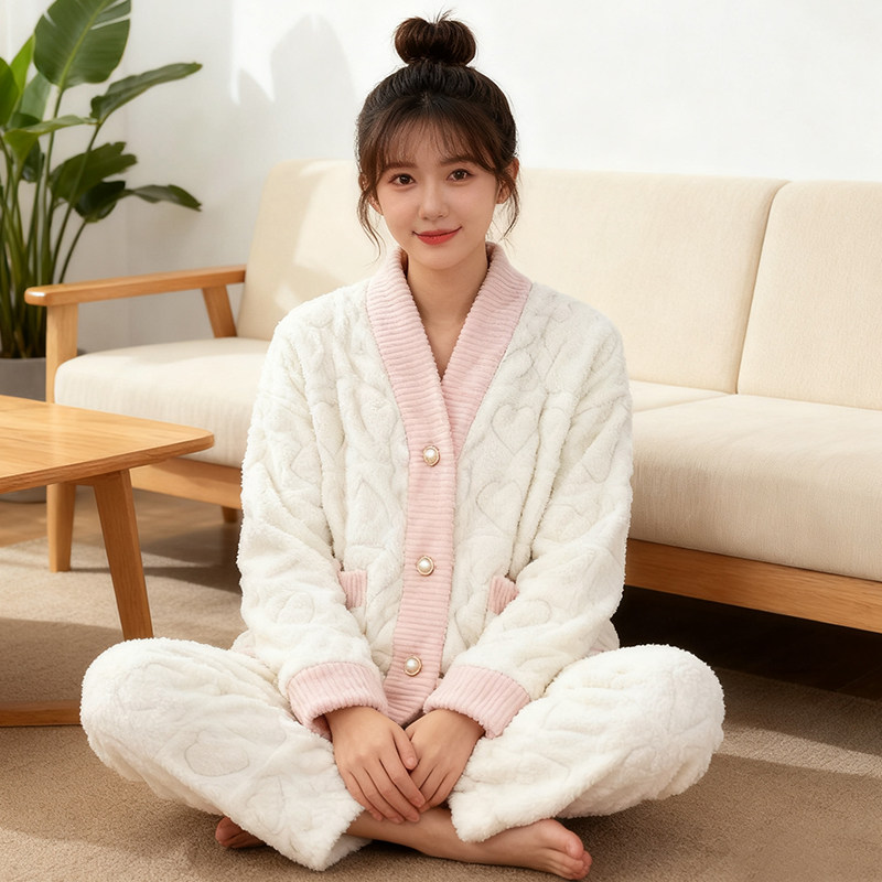 秋冬长袖睡衣女双面舒棉绒开衫家居服套装大码青年长裤可外穿新