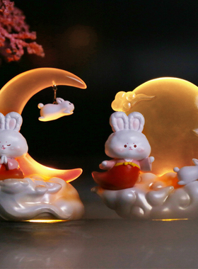知月兔小灯盲盒手办潮玩可爱玉兔摆件树脂中秋节礼物月饼中式送礼