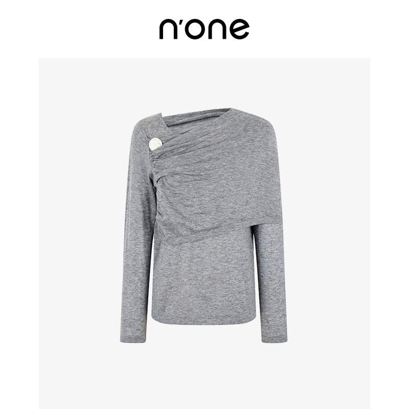 none 灰色假两件毛衣女2025新款披肩式抽褶宽松舒适长袖上衣 - 图3