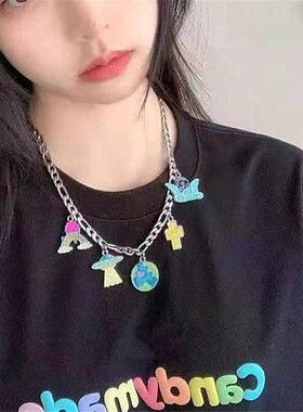 iy不锈钢十字架地飞球天使外素星人多元吊坠锁骨链碟彩色男