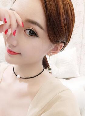 diydiy日韩网红脖链气质时尚黑色水晶短款珍珠锁骨链颈链颈带女