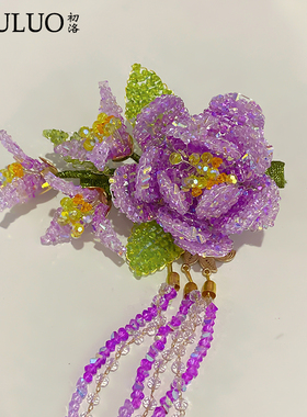 CL386新中式水晶花朵鸭嘴夹子轻奢手工流苏侧边夹高级感发饰头饰