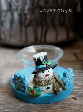 外贸出口美式乡村树脂立体圣诞节雪人玻璃烛台儿童房家居装饰摆件