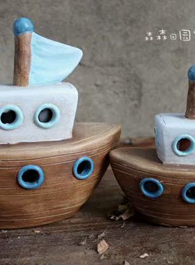 地中海风小帆船烛台陶土家居装饰